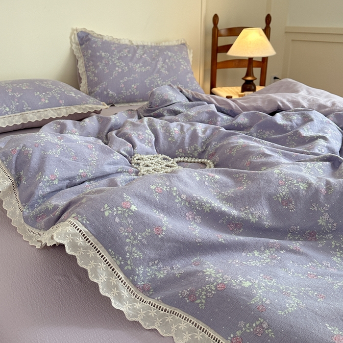 91家纺网 家纺一手货源 找家纺 一霖家纺 2025新款云感双层纱花边款四件套 紫韵