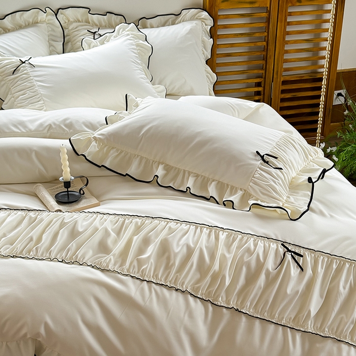 91家纺网 家纺一手货源 找家纺 2025秋冬新款A类母婴级法式风忆棉床裙床笠四件套 琉眠-华贵米