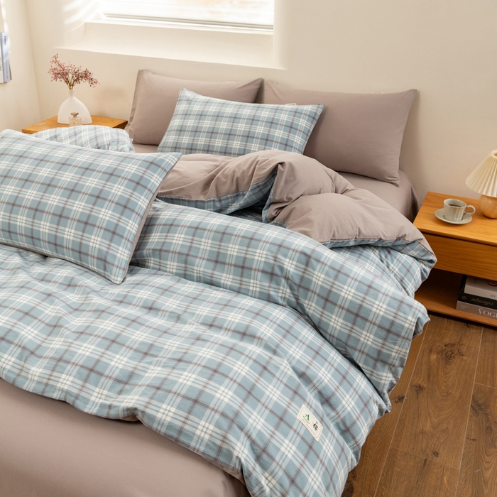 91家纺网 家纺一手货源 找家纺 居美良品 2025新款100%全棉色织水洗棉四件套 迷雾-蓝