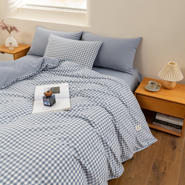 91家纺网 家纺一手货源 找家纺 居美良品 2025新款100%全棉色织水洗棉四件套 蓝小格