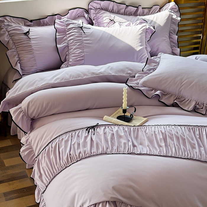 91家纺网 家纺一手货源 找家纺 2025秋冬新款A类母婴级法式风忆棉床裙床笠四件套 琉眠-木槿紫