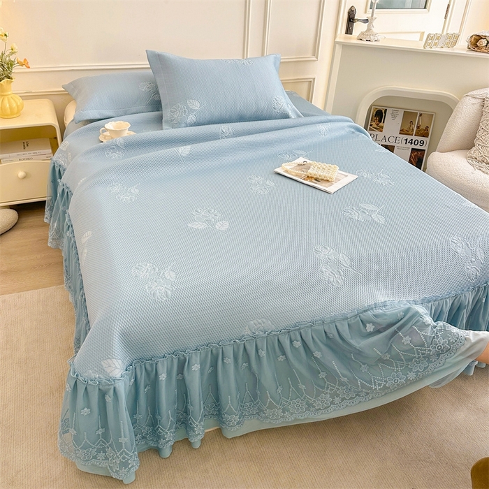 91家纺网 家纺一手货源 找家纺 恒爱   2025新款冰丝牡丹花床盖 蓝灰