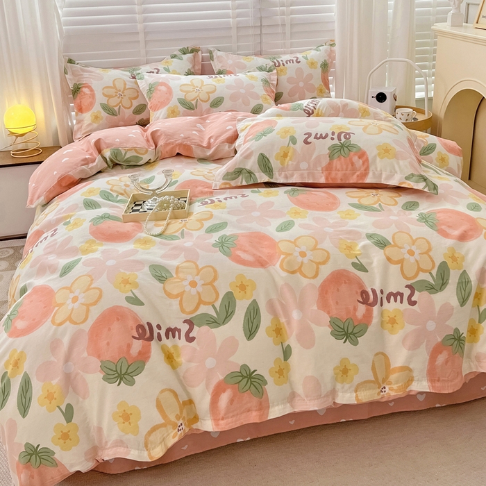 91家纺网 家纺一手货源 找家纺 依庭 2025新款全棉印花花卉款四件套单品系列-四件套 笑脸草莓