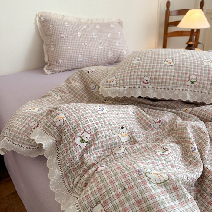 91家纺网 家纺一手货源 找家纺 一霖家纺 2025新款云感双层纱花边款四件套 西高地