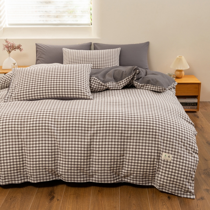 91家纺网 家纺一手货源 找家纺 居美良品 2025新款100%全棉色织水洗棉四件套 灰小格