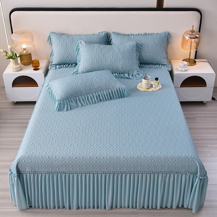 91家纺网 家纺一手货源 找家纺 畅畅家纺 2025新款立体提花凉豆豆席床裙款凉席 时尚空间-蓝