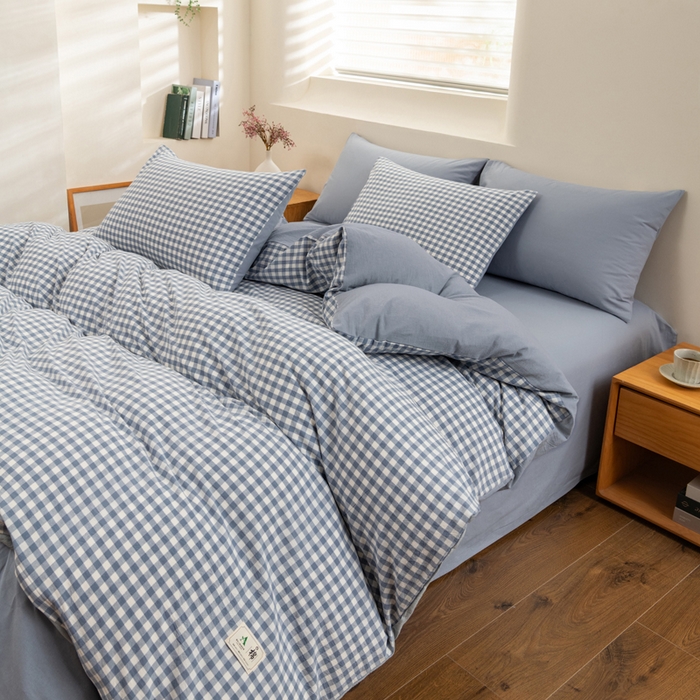 91家纺网 家纺一手货源 找家纺 居美良品 2025新款100%全棉色织水洗棉四件套 蓝小格