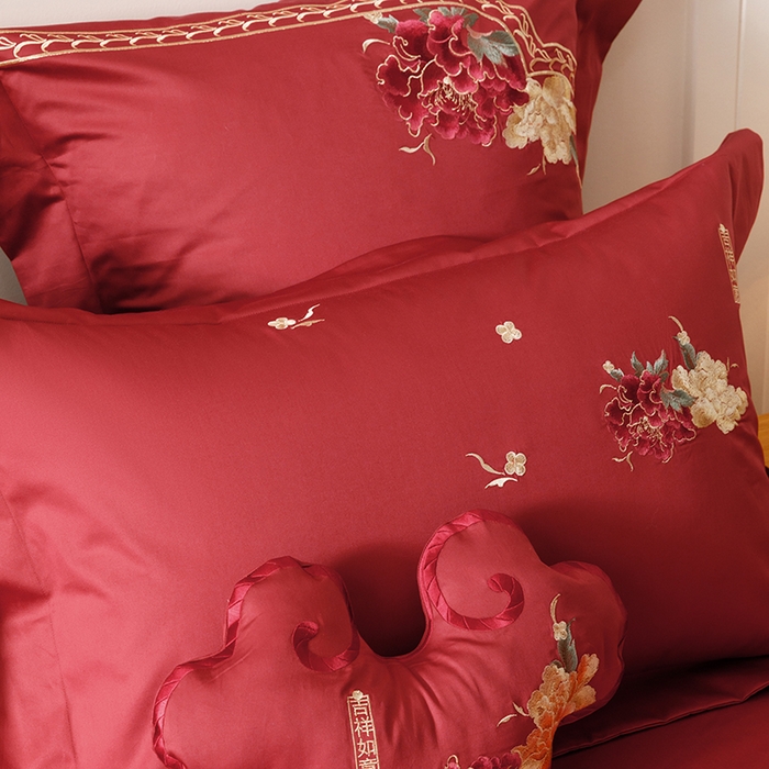 91家纺网 家纺一手货源 找家纺 2025新款婚庆四件套亲肤棉刺绣磨毛婚庆四件套 吉祥如意