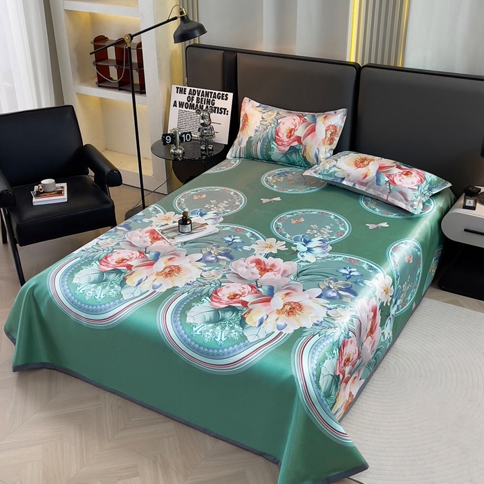 91家纺网 家纺一手货源 找家纺 悦织湾家纺2025新款斜纹提花冰丝席三件套夏季凉感冰丝席子枕套1对夏凉席床单 风韵