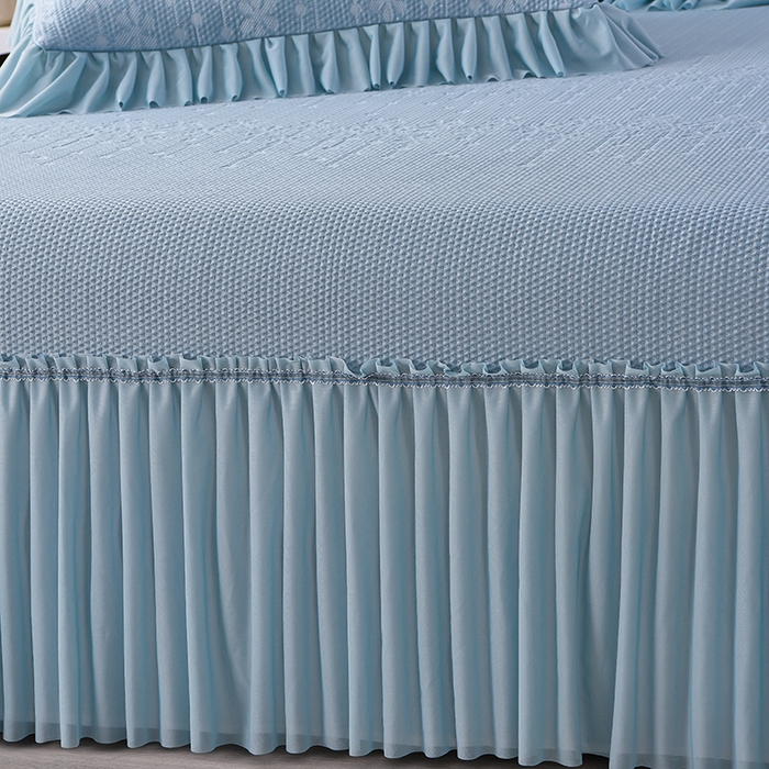 91家纺网 家纺一手货源 找家纺 畅畅家纺 2025新款立体提花凉豆豆席床裙款凉席 幸运草-蓝