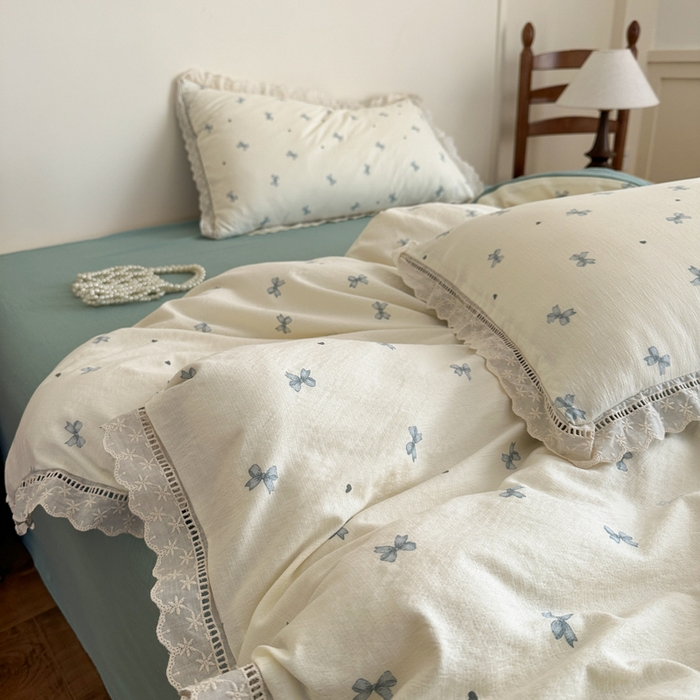 91家纺网 家纺一手货源 找家纺 一霖家纺 2025新款云感双层纱花边款四件套 蝴蝶结