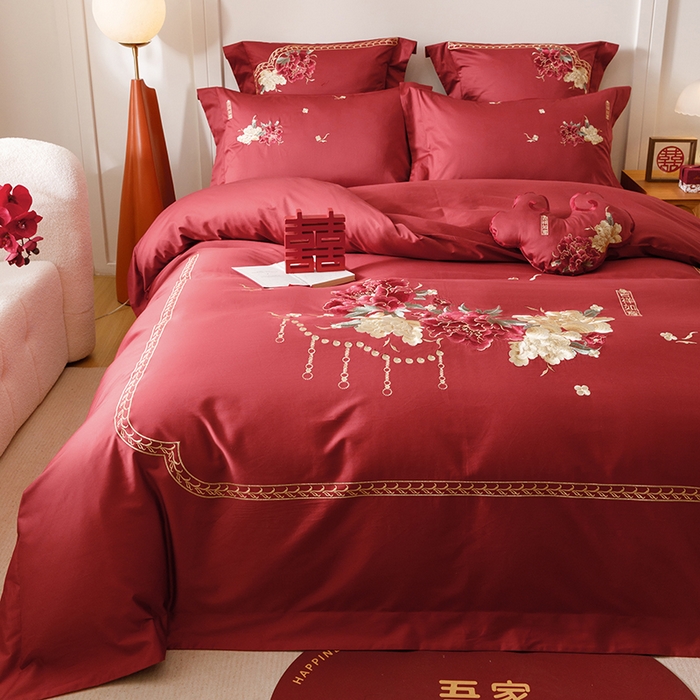 91家纺网 家纺一手货源 找家纺 2025新款婚庆四件套亲肤棉刺绣磨毛婚庆四件套 吉祥如意