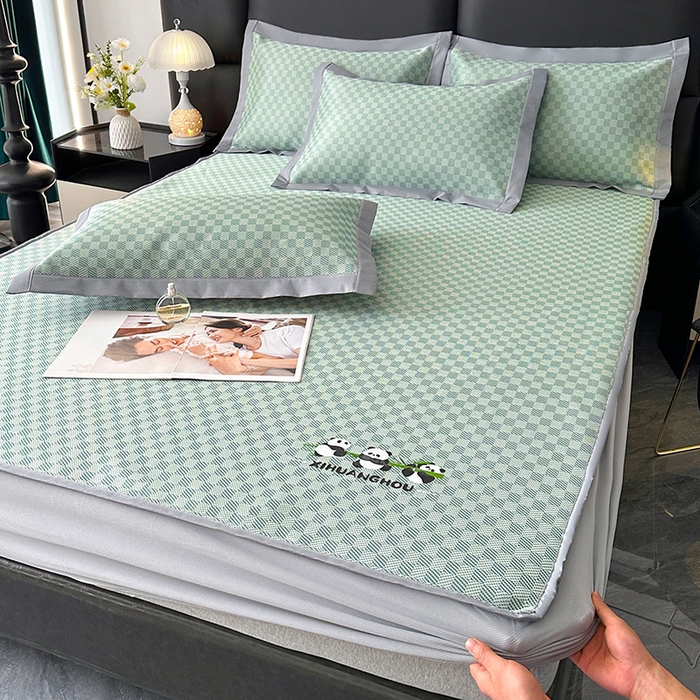 91家纺网 家纺一手货源 找家纺 席皇后 2025新款亲肤舒适A类提花冰丝凉席 床笠款 快乐熊猫-绿