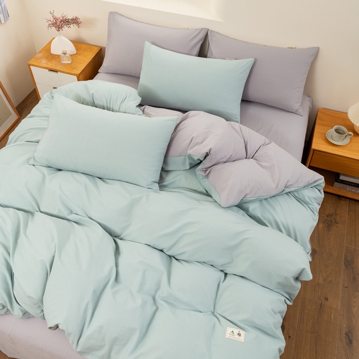 91家纺网 家纺一手货源 找家纺 居美良品 2025新款100%全棉色织水洗棉四件套 兰青-灰