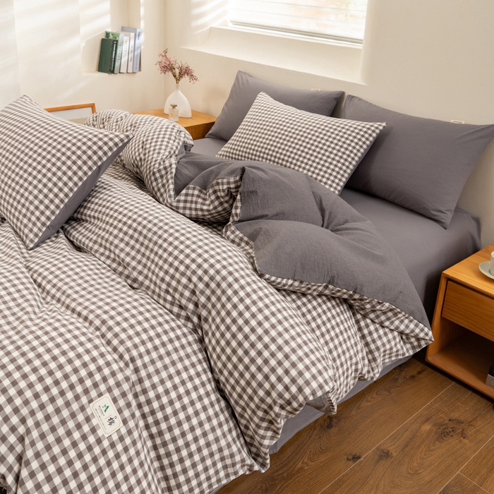 91家纺网 家纺一手货源 找家纺 居美良品 2025新款100%全棉色织水洗棉四件套 灰小格