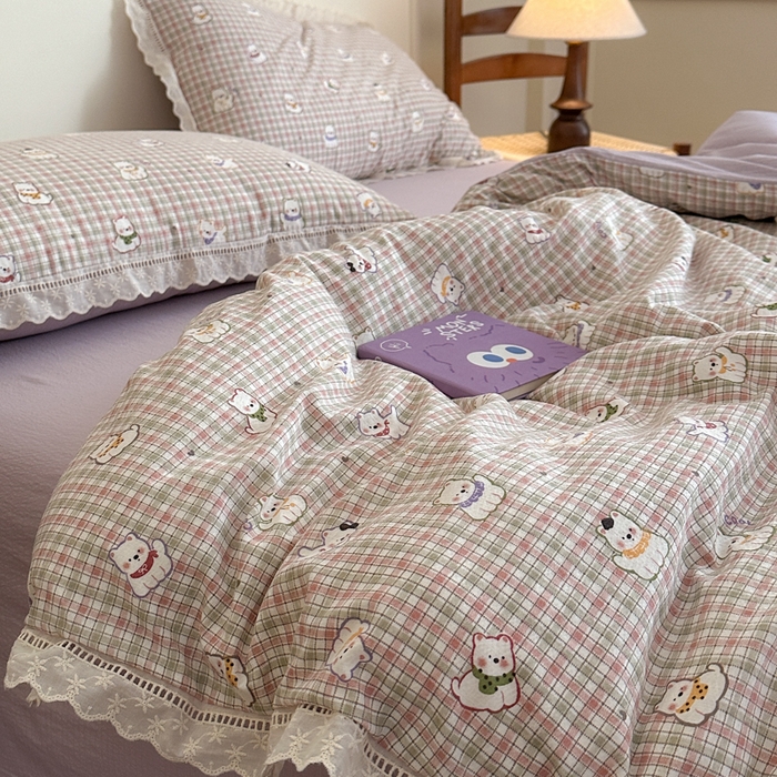 91家纺网 家纺一手货源 找家纺 一霖家纺 2025新款云感双层纱花边款四件套 西高地