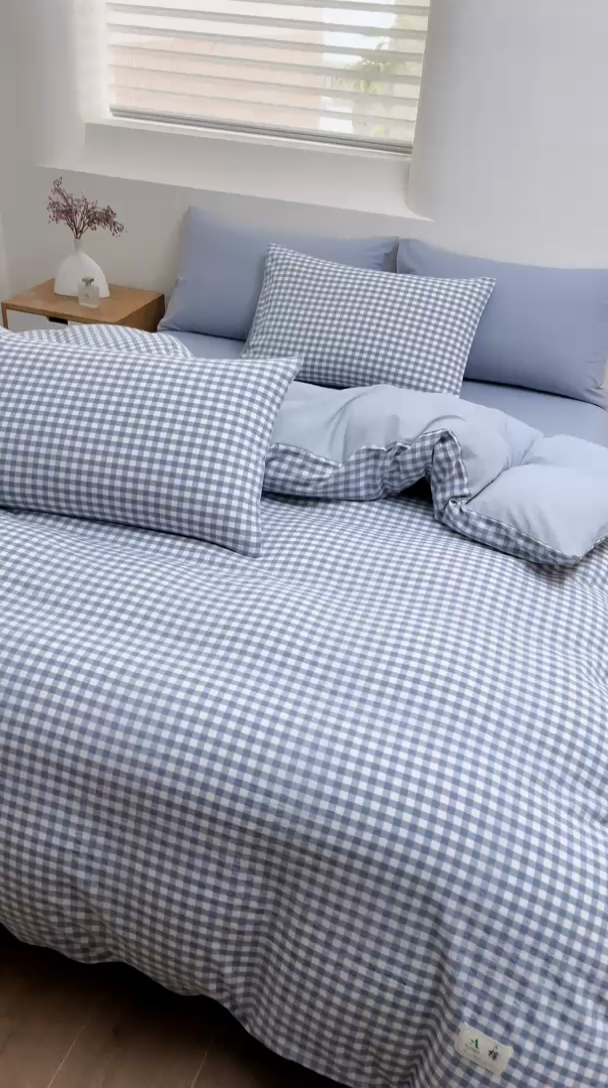 91家纺网 家纺一手货源 找家纺 居美良品 2025新款100%全棉色织水洗棉四件套 蓝小格