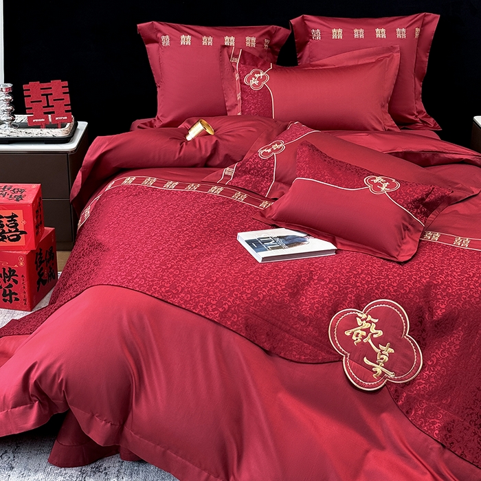 91家纺网 家纺一手货源 找家纺 2025新款婚庆四件套亲肤棉刺绣磨毛婚庆四件套 禧时