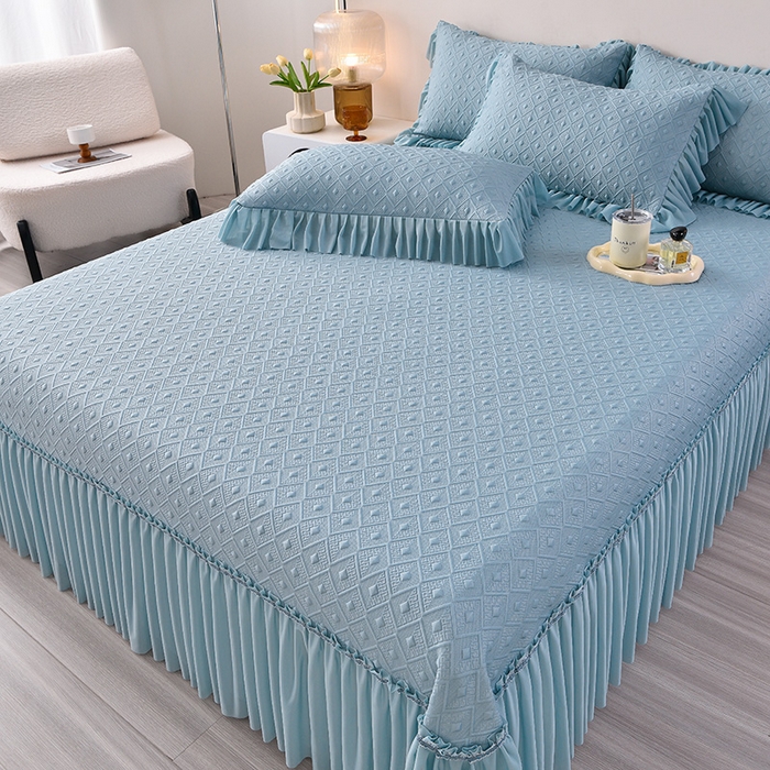 91家纺网 家纺一手货源 找家纺 畅畅家纺 2025新款立体提花凉豆豆席床裙款凉席 时尚空间-蓝