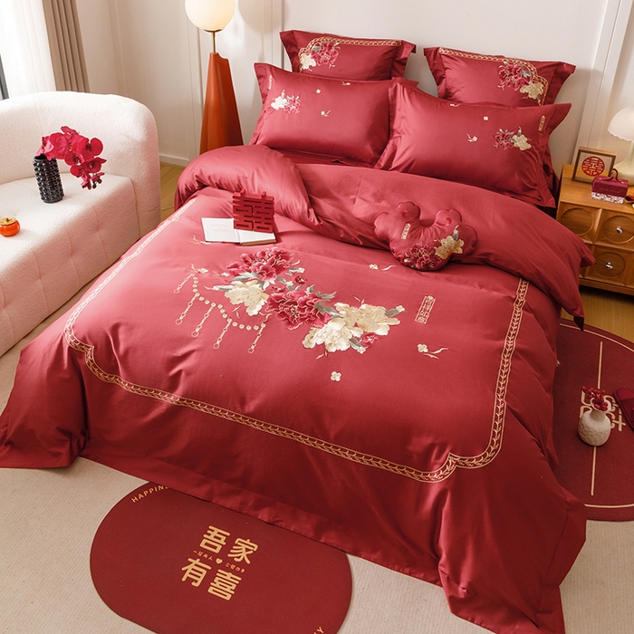91家纺网 家纺一手货源 找家纺 2025新款婚庆四件套亲肤棉刺绣磨毛婚庆四件套 吉祥如意