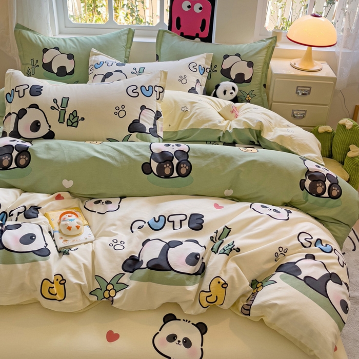 91家纺网 家纺一手货源 找家纺 依庭 2025新款全棉印花花卉款四件套单品系列-四件套 熊猫溪水