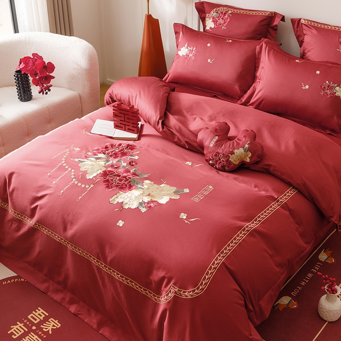 91家纺网 家纺一手货源 找家纺 2025新款婚庆四件套亲肤棉刺绣磨毛婚庆四件套 吉祥如意