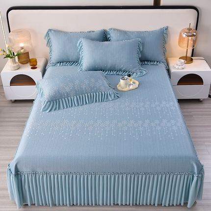 畅畅家纺 2025新款立体提花凉豆豆席床裙款凉席 幸运草-蓝