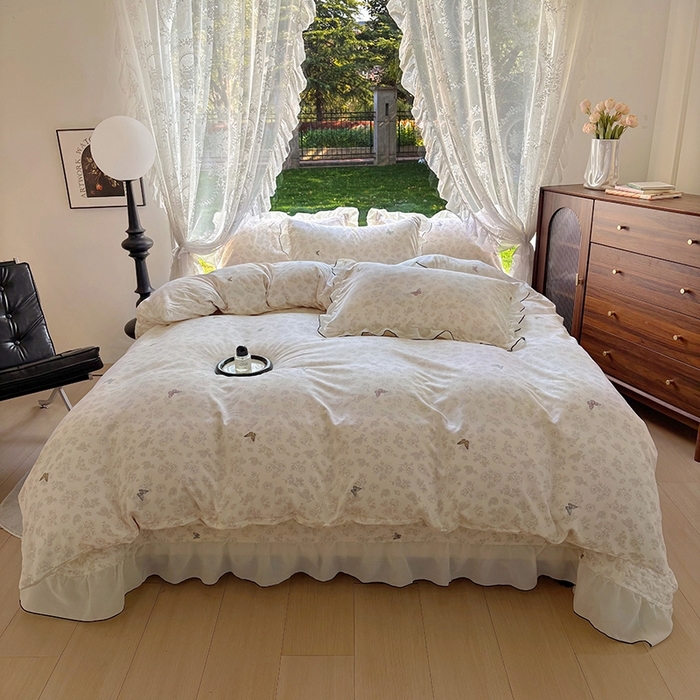 91家纺网 家纺一手货源 找家纺 韩秀 2025新款水洗棉夹棉韩版花边夏被小清新针织棉小碎花皱皱棉双层纱软糯感夏凉被空调被泡泡棉被四季跑量款 彩蝶