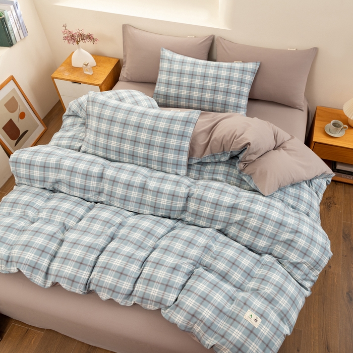 91家纺网 家纺一手货源 找家纺 居美良品 2025新款100%全棉色织水洗棉四件套 迷雾-蓝