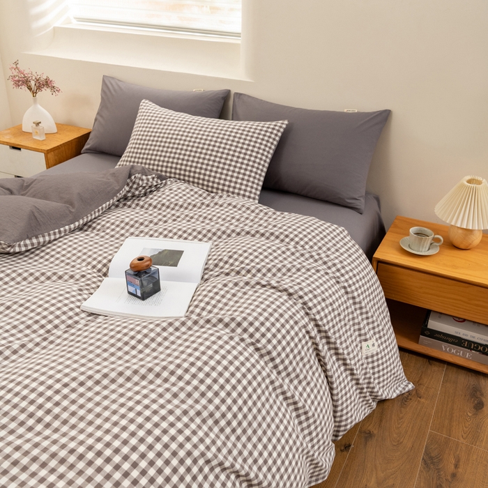 91家纺网 家纺一手货源 找家纺 居美良品 2025新款100%全棉色织水洗棉四件套 灰小格