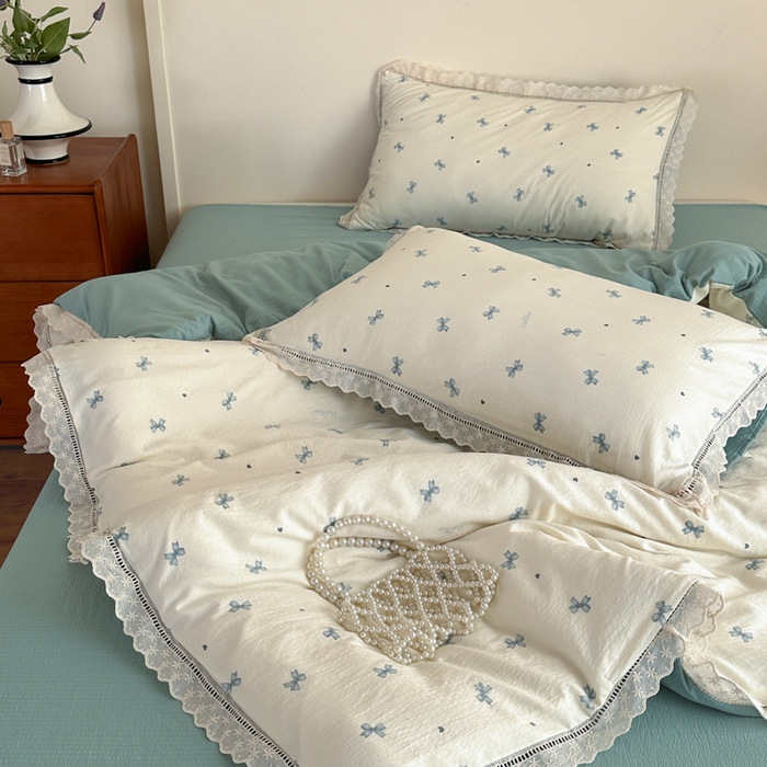 91家纺网 家纺一手货源 找家纺 一霖家纺 2025新款云感双层纱花边款四件套 蝴蝶结