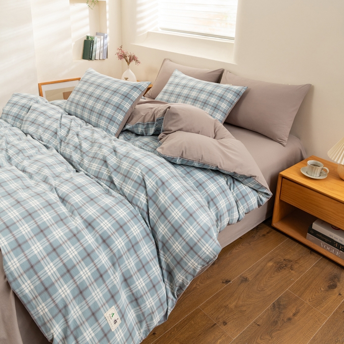 91家纺网 家纺一手货源 找家纺 居美良品 2025新款100%全棉色织水洗棉四件套 迷雾-蓝