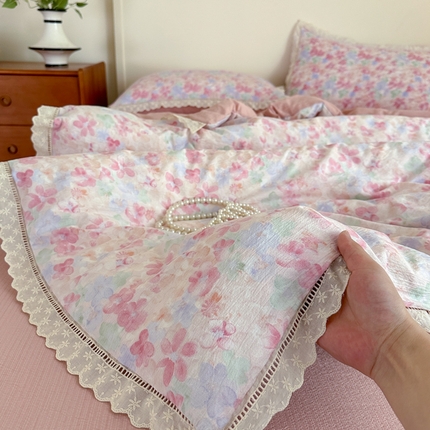 一霖家纺 2025新款云感双层纱花边款四件套 十里桃花