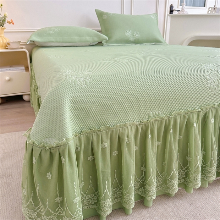 91家纺网 家纺一手货源 找家纺 恒爱   2025新款冰丝牡丹花床盖 抹茶绿