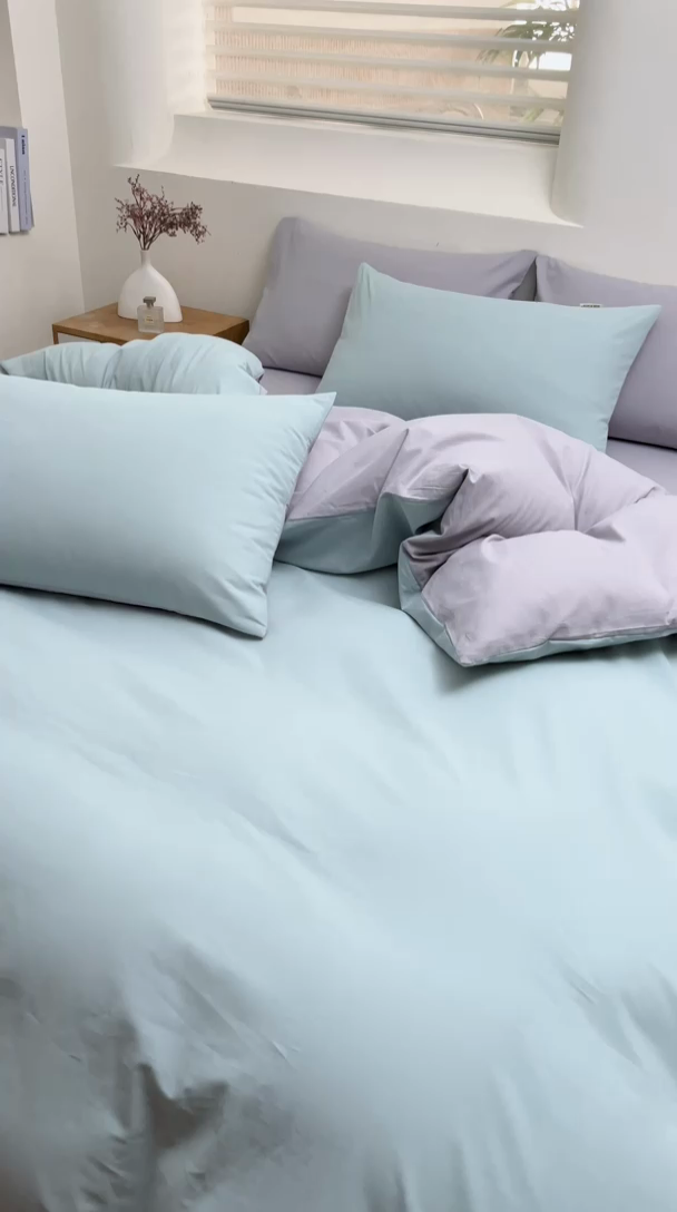 91家纺网 家纺一手货源 找家纺 居美良品 2025新款100%全棉色织水洗棉四件套 兰青-灰