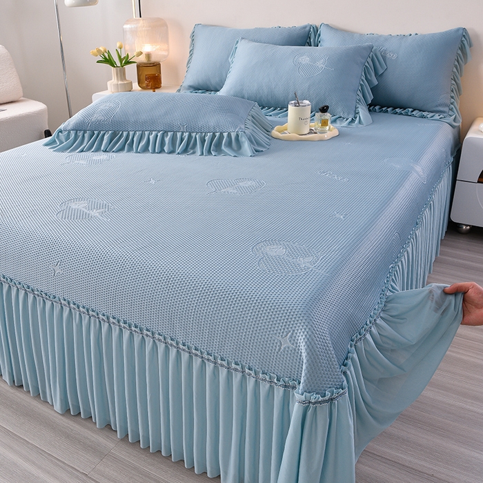 91家纺网 家纺一手货源 找家纺 畅畅家纺 2025新款立体提花凉豆豆席床裙款凉席 爱之恋-蓝