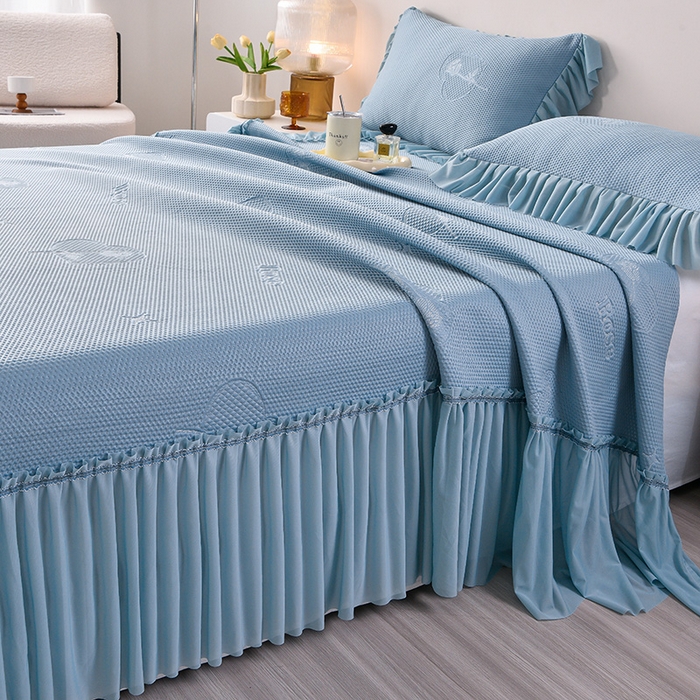 91家纺网 家纺一手货源 找家纺 畅畅家纺 2025新款立体提花凉豆豆席床裙款凉席 爱之恋-蓝