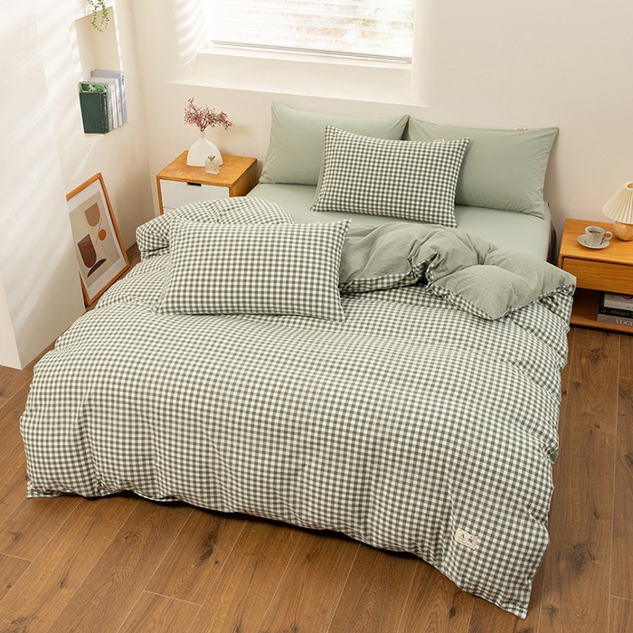 91家纺网 家纺一手货源 找家纺 居美良品 2025新款100%全棉色织水洗棉四件套 绿小格