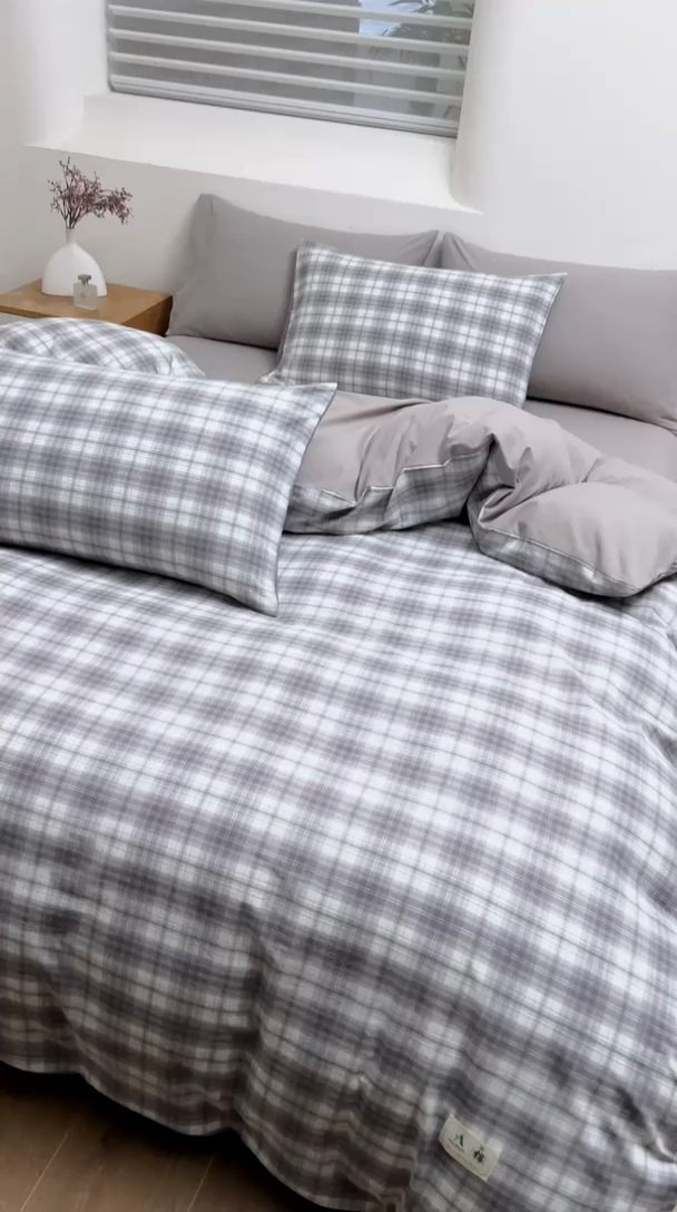 91家纺网 家纺一手货源 找家纺 居美良品 2025新款100%全棉色织水洗棉四件套 烟雨-灰