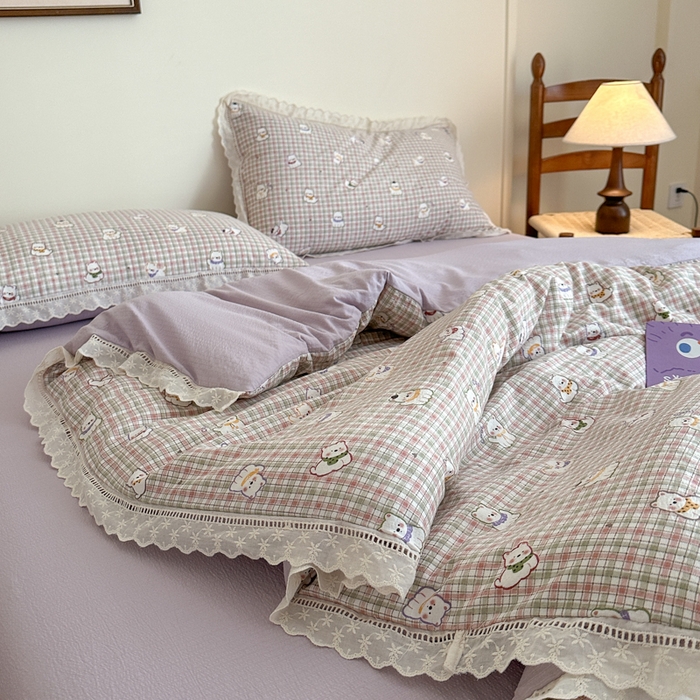 91家纺网 家纺一手货源 找家纺 一霖家纺 2025新款云感双层纱花边款四件套 西高地