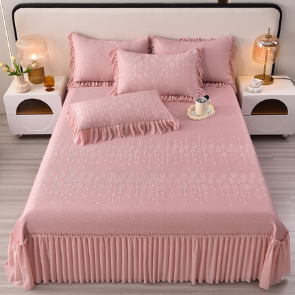 畅畅家纺 2025新款立体提花凉豆豆席床裙款凉席 幸运草-粉