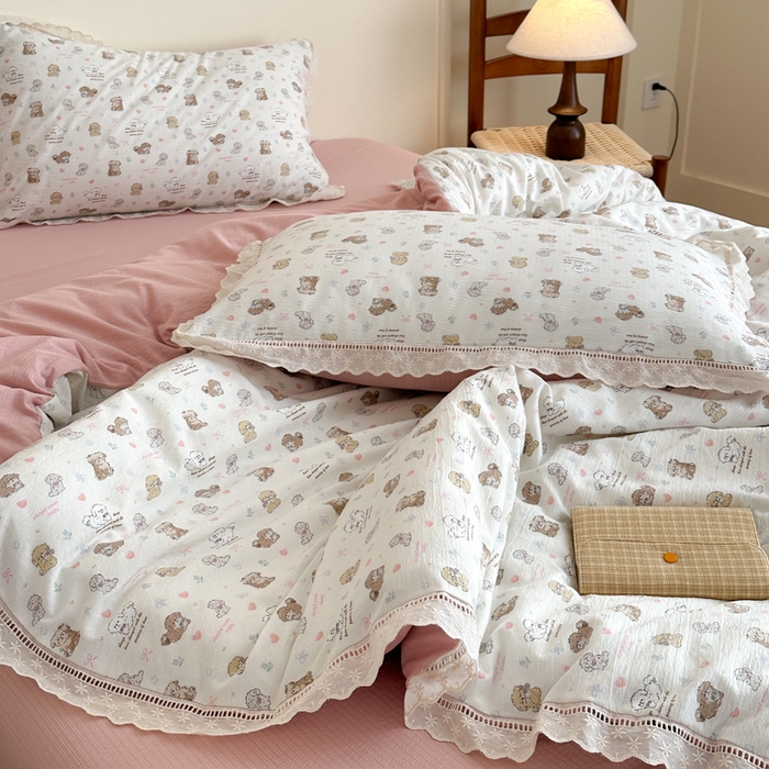 91家纺网 家纺一手货源 找家纺 一霖家纺 2025新款云感双层纱花边款四件套 小奶狗