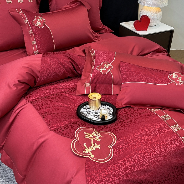 91家纺网 家纺一手货源 找家纺 2025新款婚庆四件套亲肤棉刺绣磨毛婚庆四件套 禧时