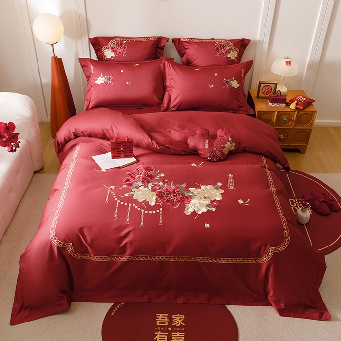 91家纺网 家纺一手货源 找家纺 2025新款婚庆四件套亲肤棉刺绣磨毛婚庆四件套 吉祥如意