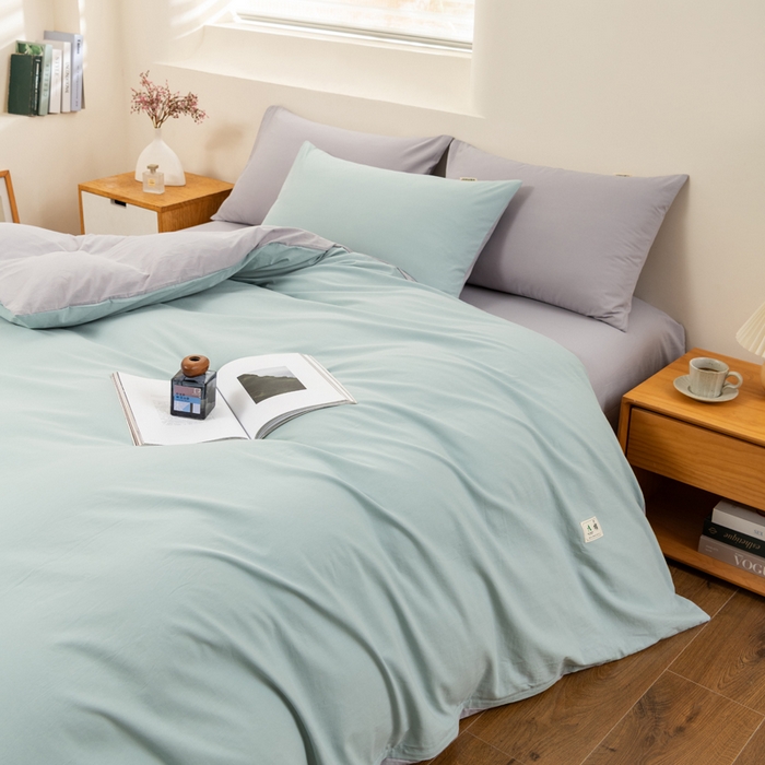 91家纺网 家纺一手货源 找家纺 居美良品 2025新款100%全棉色织水洗棉四件套 兰青-灰