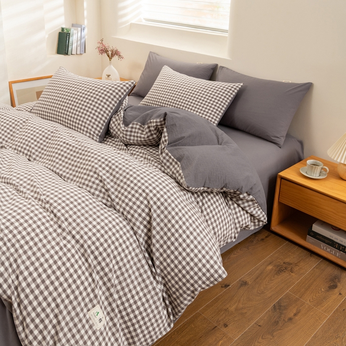 91家纺网 家纺一手货源 找家纺 居美良品 2025新款100%全棉色织水洗棉四件套 灰小格