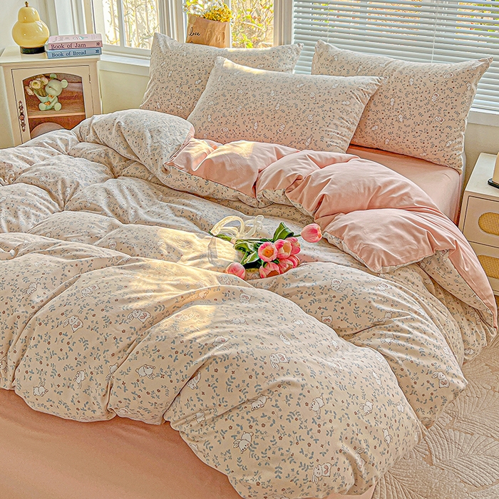 91家纺网 家纺一手货源 找家纺 2025水洗棉双层纱简约风ins风小碎花被套床单款床笠款三四件套-单被套