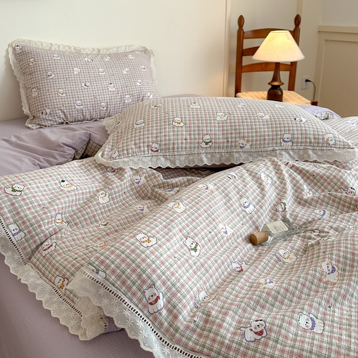 91家纺网 家纺一手货源 找家纺 一霖家纺 2025新款云感双层纱花边款四件套 西高地