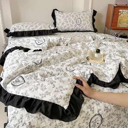 韩秀 2025新款水洗棉夹棉韩版花边夏被小清新针织棉小碎花皱皱棉双层纱软糯感夏凉被空调被泡泡棉被四季跑量款 镜心缘