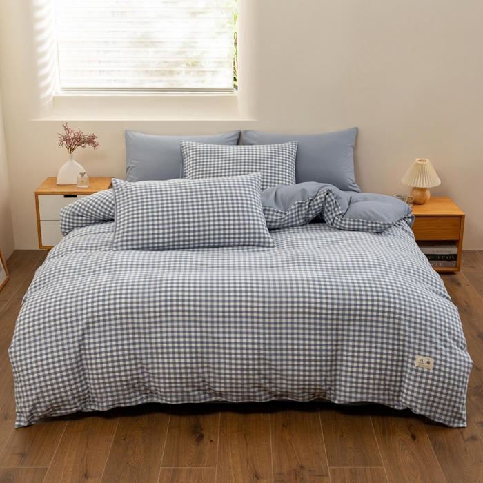 91家纺网 家纺一手货源 找家纺 居美良品 2025新款100%全棉色织水洗棉四件套 蓝小格